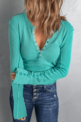 Button-Up Ribbed Knit Long Sleeve Top