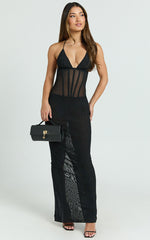 Roselyn Maxi Dress - Halter Neck Corset Waist Column Dress in Black