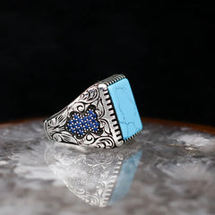 Pure 925 Sterling Silver Men Ring With Turqoiuse And Onyx Stones