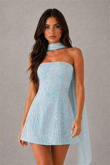 BOLODOO Blue Strapless Sequin Floral Embroidered Mini Dress with Detachable Chiffon Neck Scarf