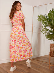 Short Sleeve Floral Shirred Midi Dress in Orange
