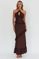 Clemence Smocked Frill Trim Maxi Dress Chocolate