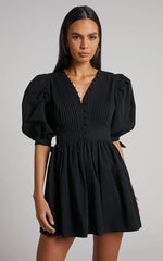 Zandra Mini Dress - Puff Sleeve Poplin Dress in Black