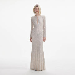 Cream Rhinestone Keyhole Maxi Dress