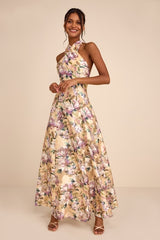 Samana Light Yellow Multi Floral Cross-Front Maxi Dress