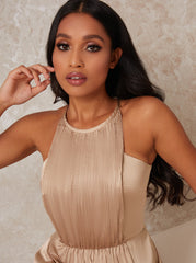 Petite High Neck Satin Pleated Maxi Dress in Champagne
