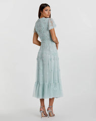 Blue Embellished High Neck Cap Sleeve A Line Dress