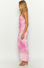 Tulsa Pink Print Mesh Midi Dress