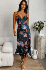 Downtown Cami Strap Front Split Midi Dress Oriental Flower Print Forest Green