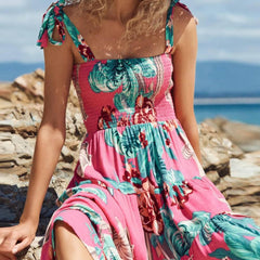 Plants Knot Sleeveless Smocked Dress