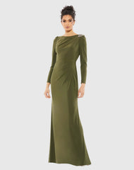 Draped Bateau Long Sleeve Trumpet Gown