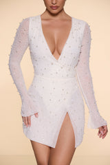 Embellished Wrap Over A-Line Mini Dress in Ivory