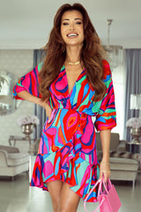 Abstract Printed V Neck Dolman Sleeve Ruffle Wrap Dress