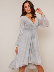 Long Sleeve Wrap Dip Hem Midi Dress in Silver