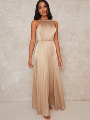 Petite High Neck Satin Pleated Maxi Dress in Champagne