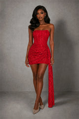 BOLODOO Red Sequin Strapless Corset Mini Dress with Side Draped Tail
