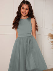 Older Girls Satin Bodice Tulle Midi Dress in Green