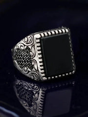 Pure 925 Sterling Silver Men Ring With Turqoiuse And Onyx Stones