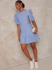 Puff Sleeve Tiered Mini Dress In Blue