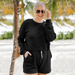 Crew Neck Pullover Long-Sleeved Sweatshirts & Tie Shorts Lounge Sets