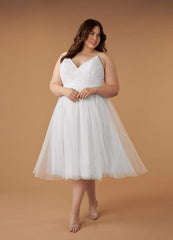 Diamond White A-Line V-Neck Sequins Tulle Dress