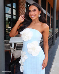 Blue Boucle Strapless 3D Floral Midi Dress