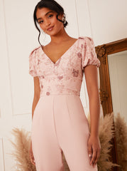 V Neck Embroidered Jumpsuit in Pink