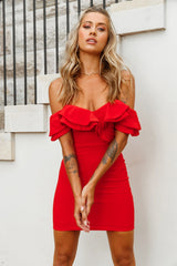 Rossi Off-Shoulder Double Ruffle Dress Red