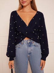 Pearl Detail Twist Front Jumper in Navy