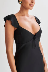 MESHKI Chantal Short Sleeve Satin Midi Dress - Black