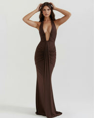 Brown Maxi Dress with Plunging Halter Neckline & U-Wire Detail