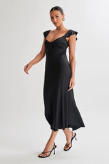 MESHKI Chantal Short Sleeve Satin Midi Dress - Black