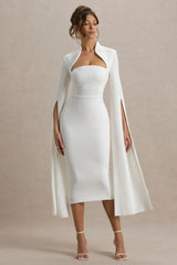 Linden | White Bodycon Cape-Sleeve Midi Dress