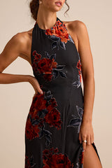 Karima Black Velvet Floral Burnout Halter Maxi Dress