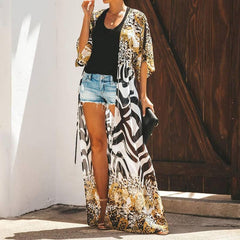 Leopard Print Half Sleeve Maxi Kimono with Tie