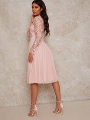 Long Sleeve Crochet Midi Dress in Pink
