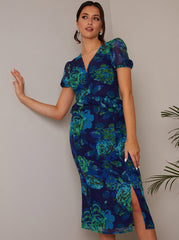 Petite Puff Sleeve Ruffle Detail Floral Midi Dress in Navy