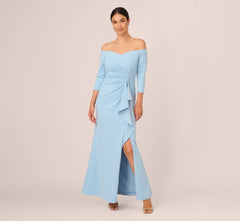Off The Shoulder Cascading Ruffle Gown In Blue Mist