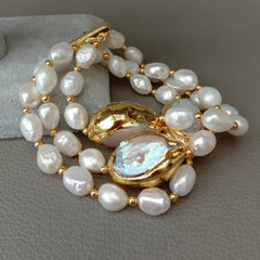 Rows Cultured White Baroque Freshwater Pearl Handmade Bracelet