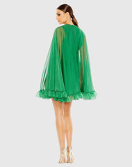 Green High Neck Ruffle Hem Cape Mini Dress