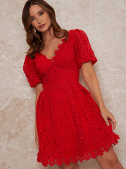 Petite V Neck Crochet Midi Dress in Red