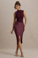 All Yours | Dark Cherry Satin High-Neck Wrap Midi Dress