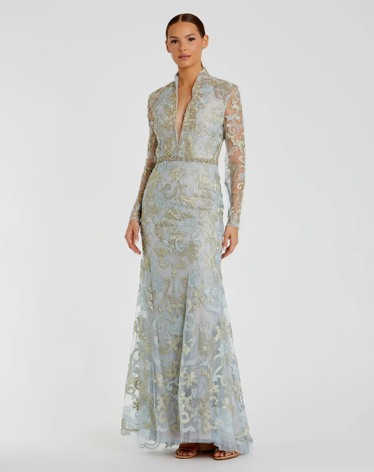 Blue Queen Anne Lace  Long Sleeve  V-Neck Trumpet Gown