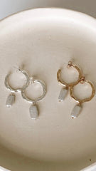 Beaten Metal Pearl Drop Hoops - Gold/Cream