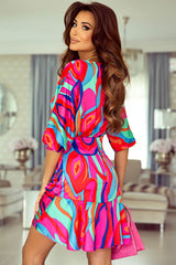 Abstract Printed V Neck Dolman Sleeve Ruffle Wrap Dress