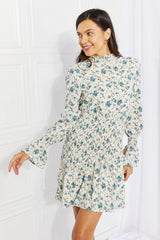 Meadowscape Floral Smocked Mock Neck Mini Dress