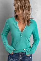 Button-Up Ribbed Knit Long Sleeve Top