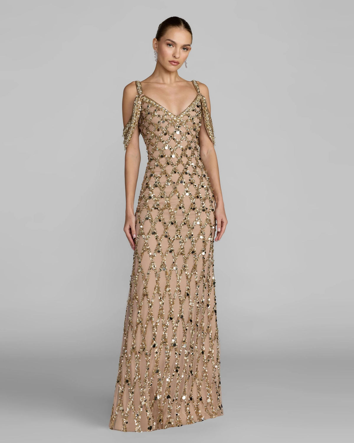 Gold Sequin Embellished V-Neck Gown