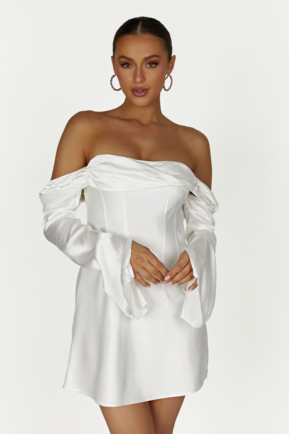 MESHKI Giselle Off Shoulder Satin Mini Dress - White