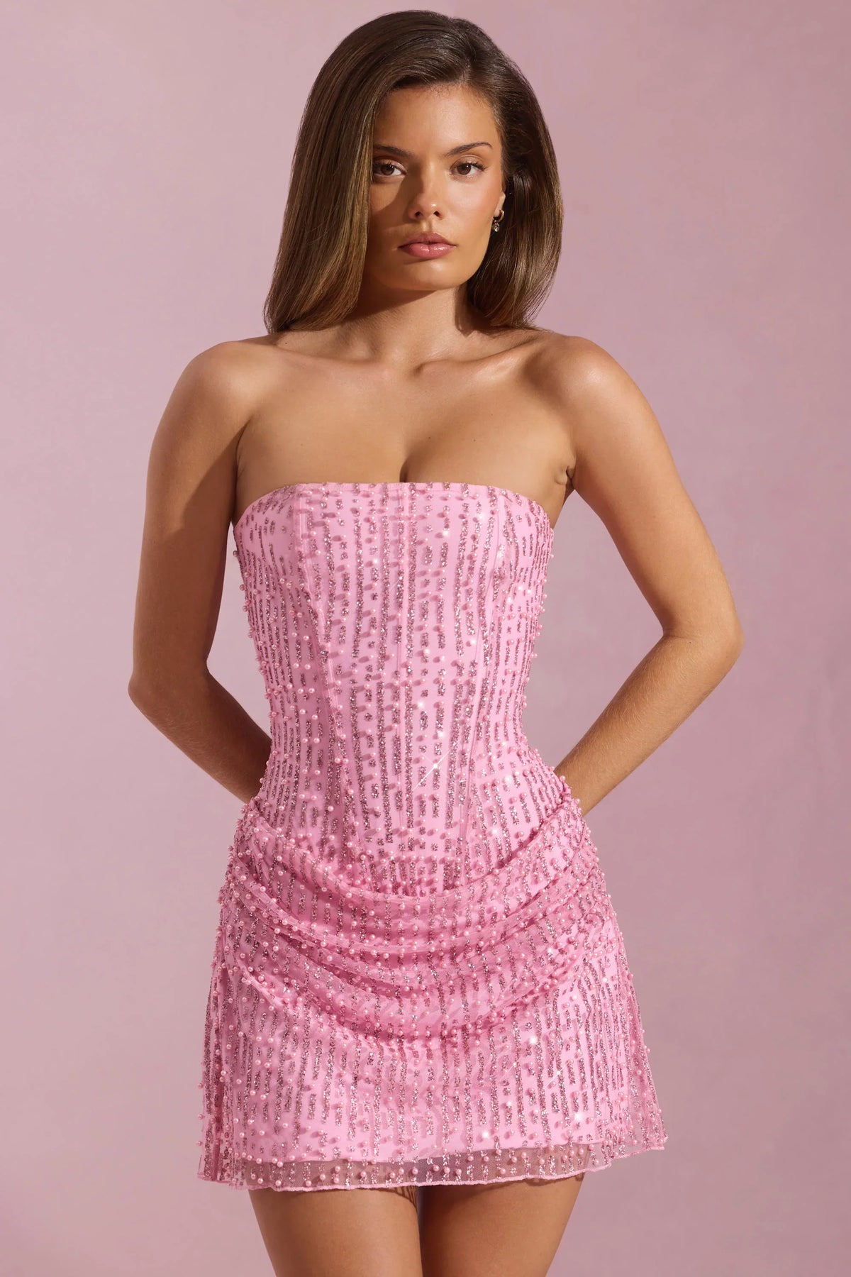 Embellished Draped Strapless A-Line Mini Dress in Pink